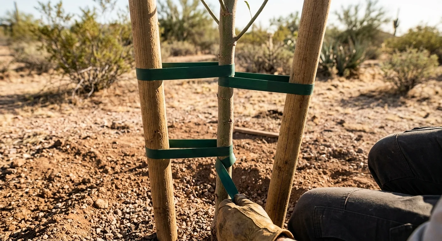 Close-up of staked sapling with flexible ties supporting the trunk
