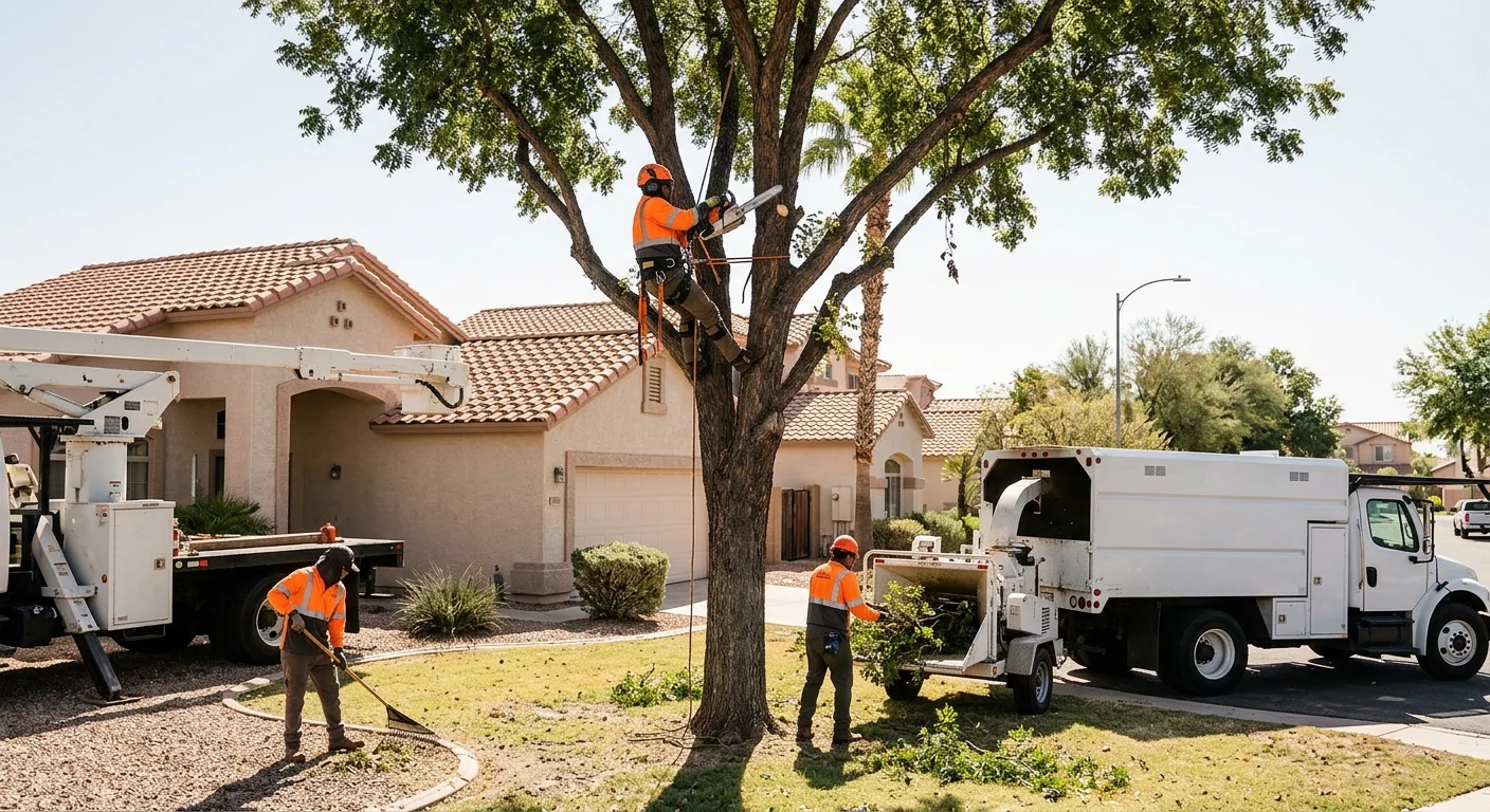 Crew pruning a tall shade tree beside an Avondale home during scheduled service