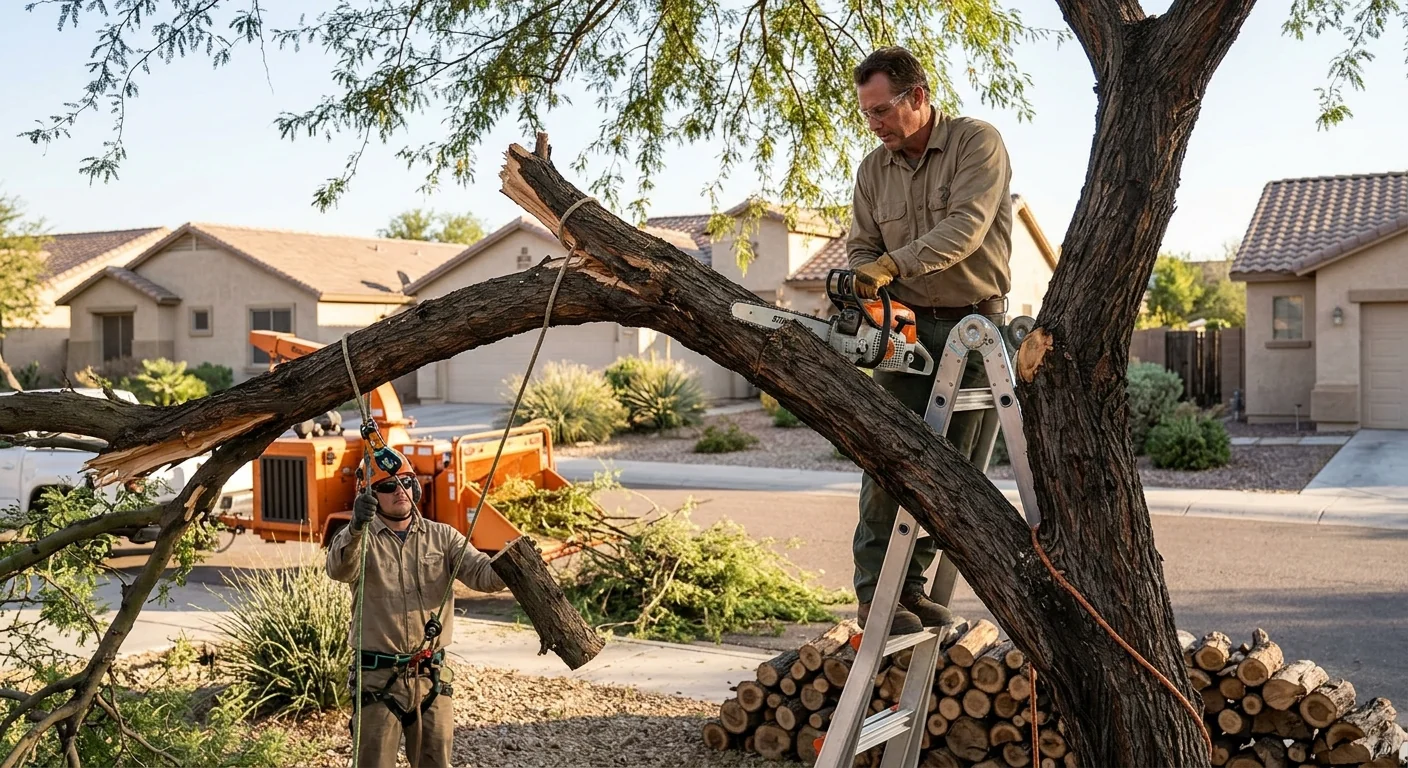 Overgrown backyard tree with crossing limbs and deadwood needing pruning in Avondale