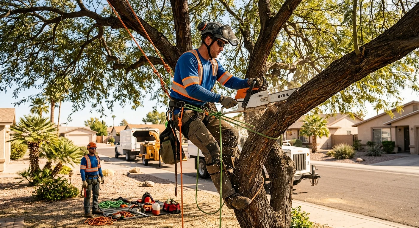 Arborist making a precise collar cut on a mature tree limb in Avondale