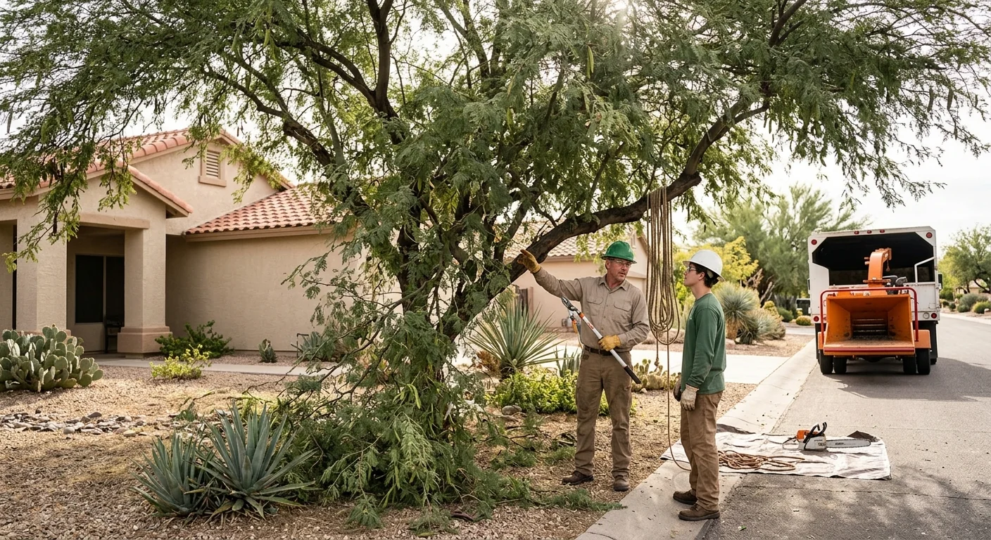 Overgrown front yard tree before pruning near a single-story desert home