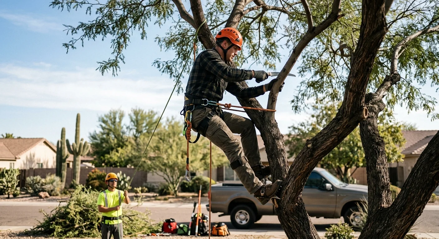 Climber using ropes and harness to reach upper canopy branches for pruning