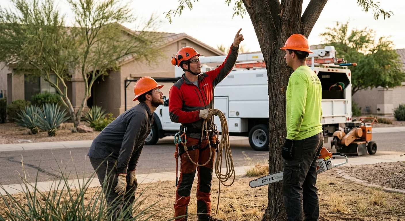 Crew reviewing tree height and access before a removal in Avondale