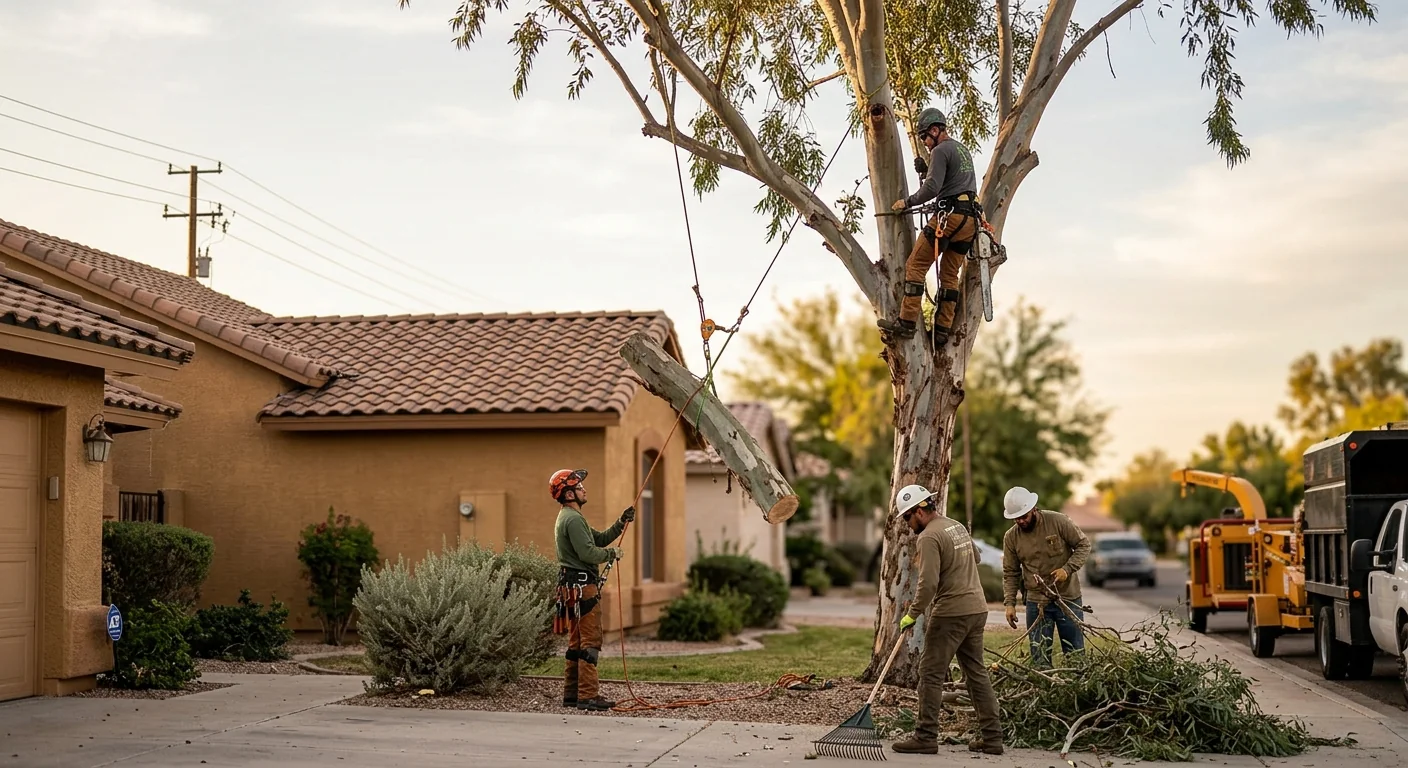 Crew sectionally dismantling a tall tree beside an Avondale home roofline