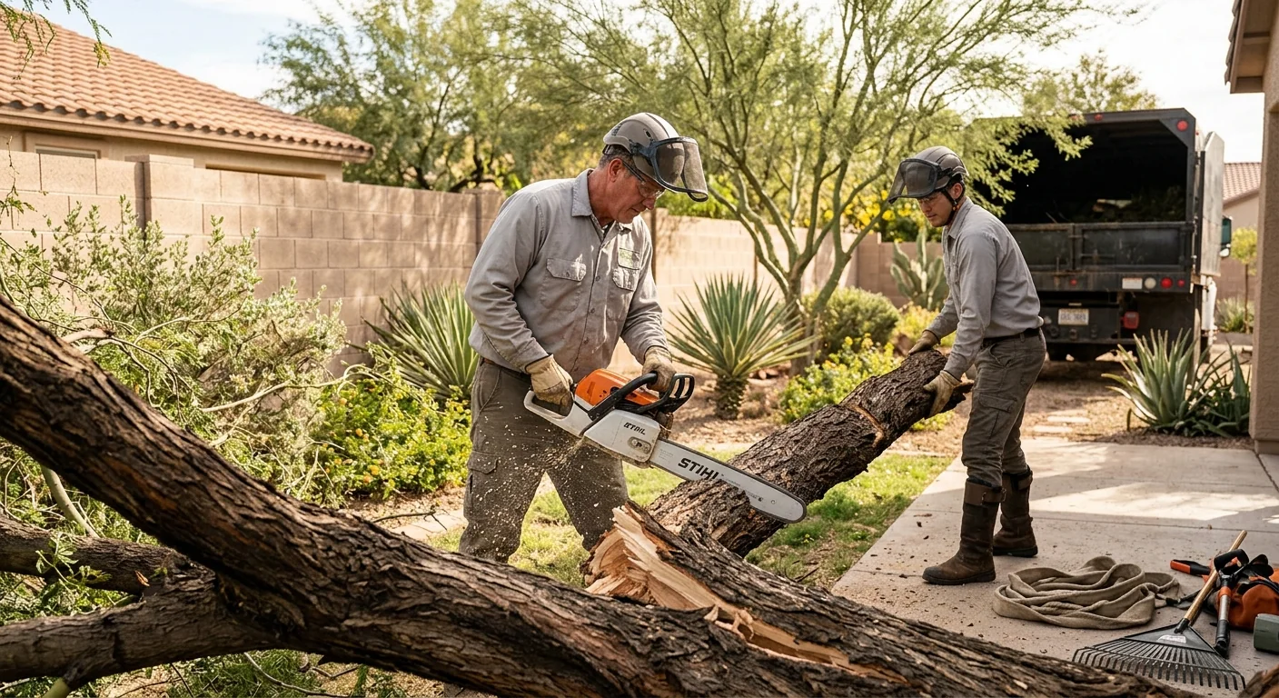 Storm-split mesquite trunk removed from a residential backyard in Avondale