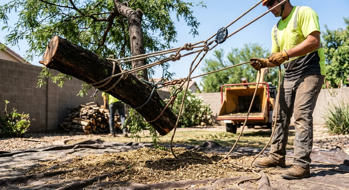 Close-up of rigging ropes lowering a cut limb into the drop zone