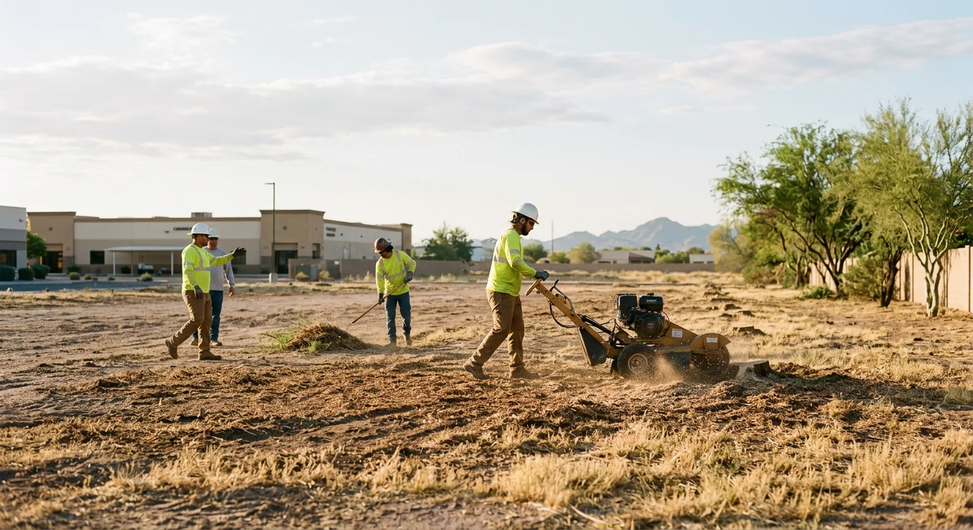 Wide shot of a cleared commercial lot after full tree removal