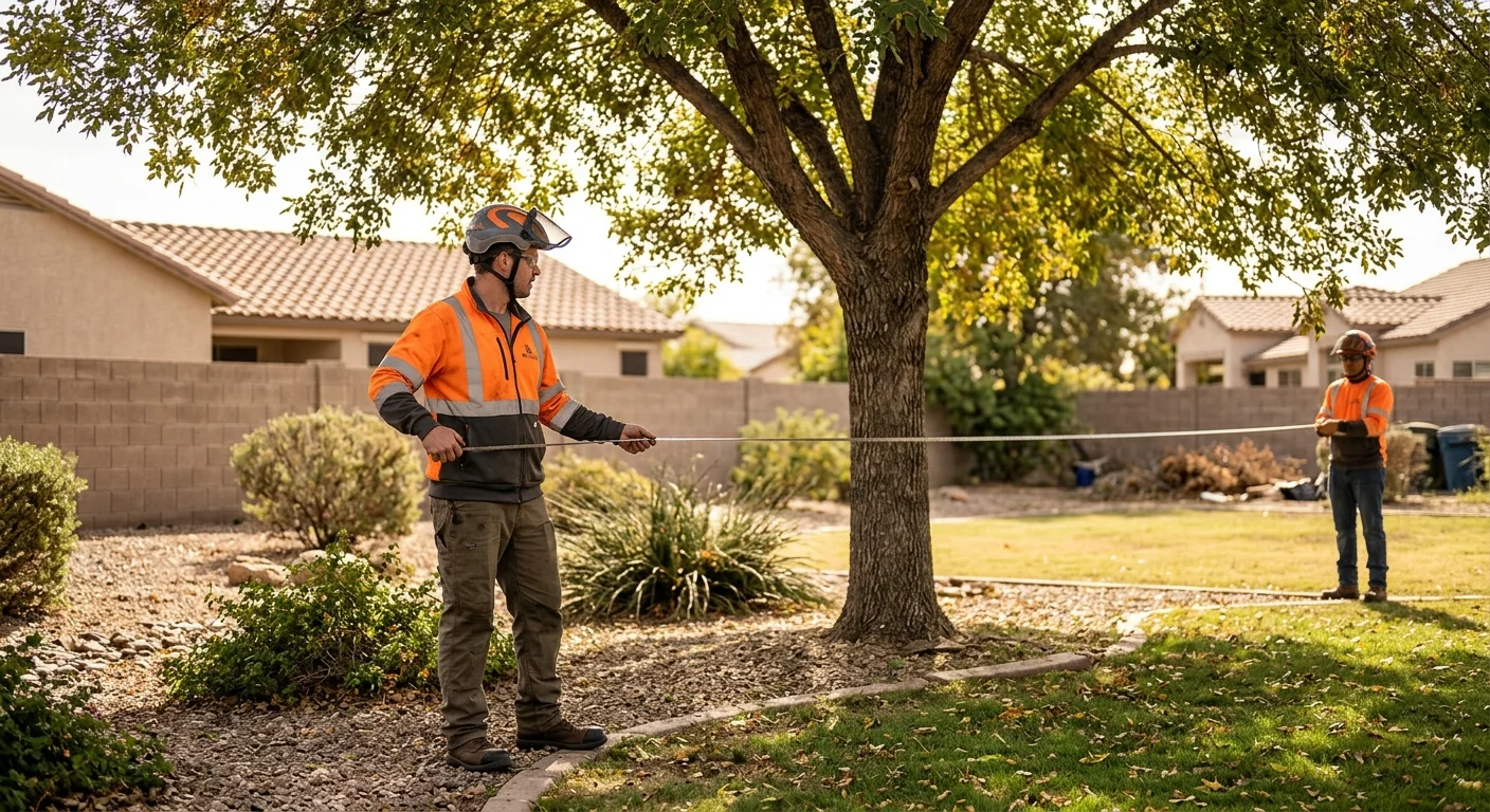 Arborist measuring canopy spread of a large tree in an Avondale yard