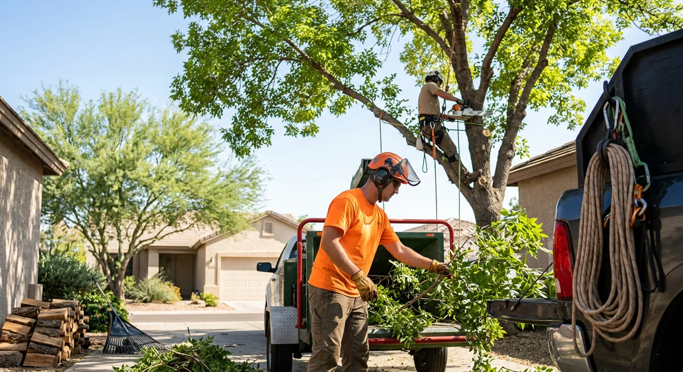 Arborist inspecting a leaning tree with visible trunk cracks near an Avondale home