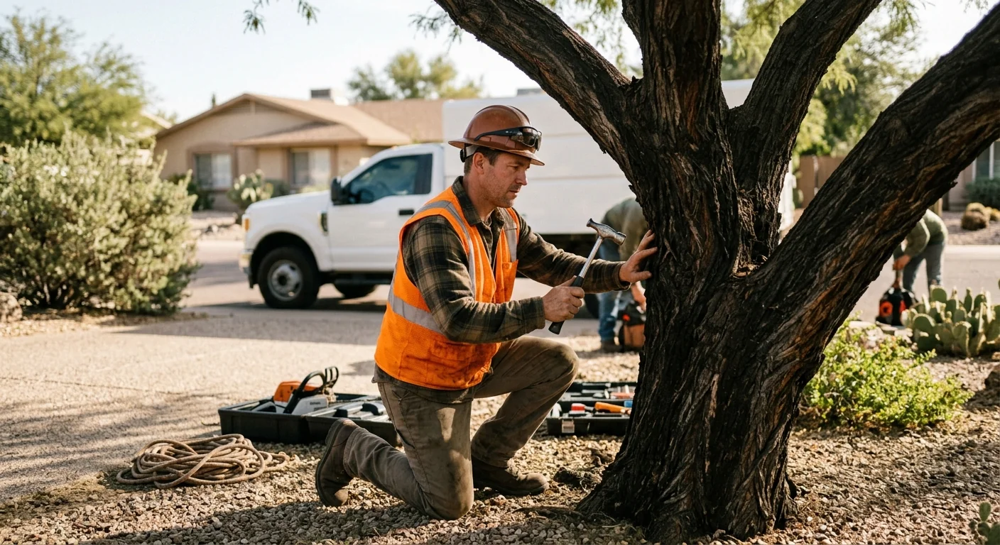 Arborist sounding a mature mesquite trunk for decay on an Avondale lot