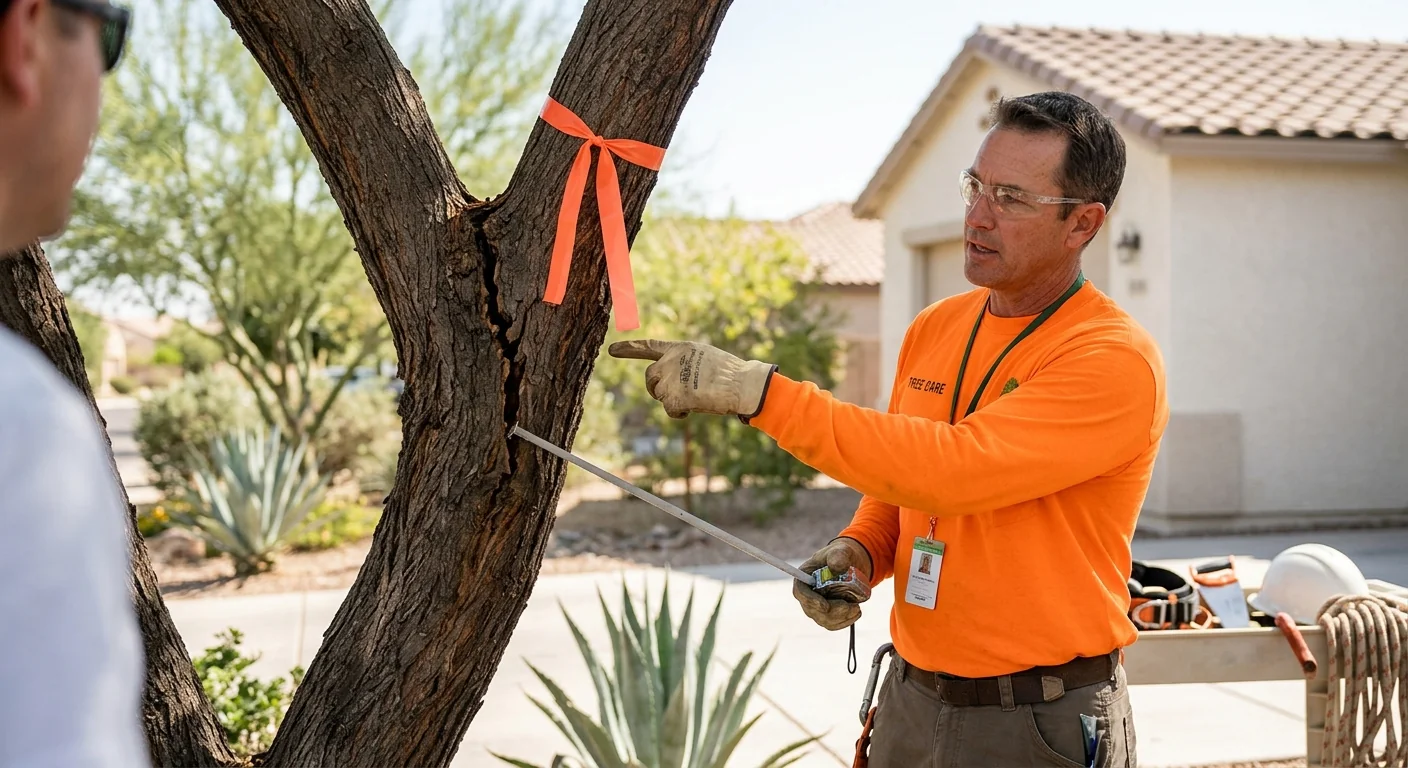 Close-up of a cracked branch union flagged during a residential tree inspection