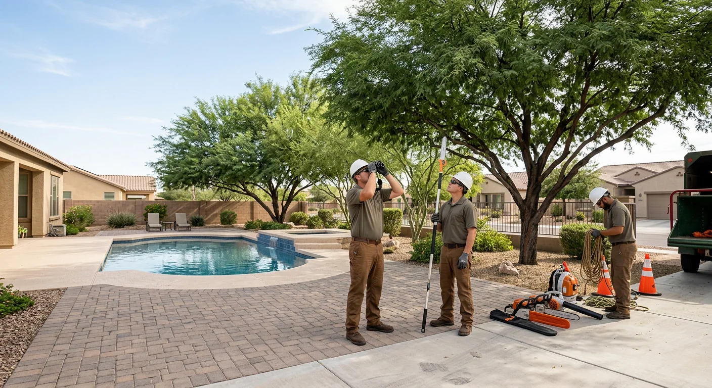Wide view of a backyard canopy assessed near a pool deck in Avondale
