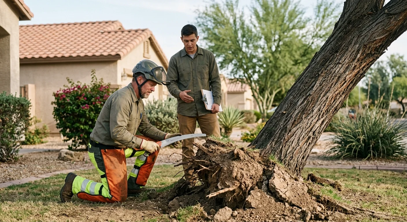 Root plate heave exposed at the base of a leaning tree