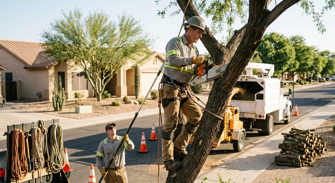 Tree service crew reviewing a completed job with a homeowner in Avondale