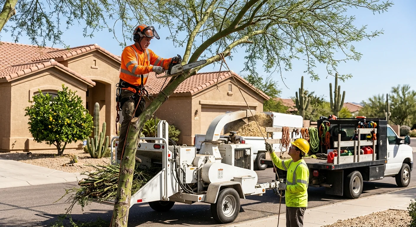 Tree crew reviewing a job plan on an Avondale property