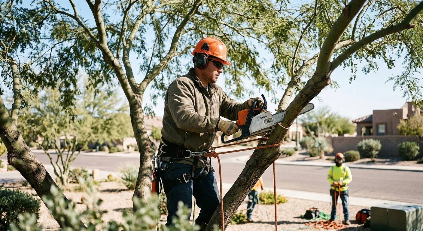 Arborist using rigging lines to lower branches on an Avondale property in dry heat