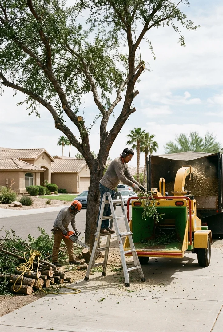 Climber using rigging ropes to lower a heavy limb during tree removal in a tight Avondale yard