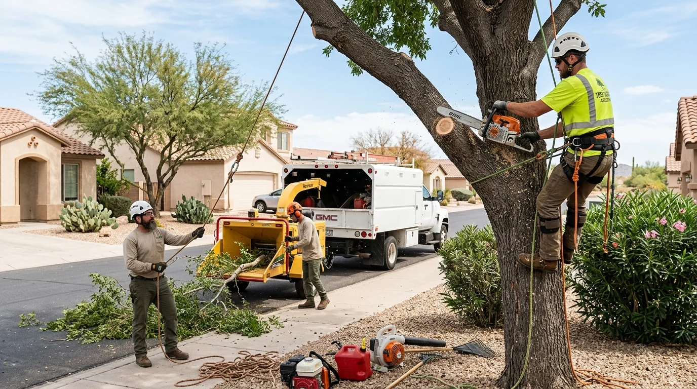 Arborist thinning a mesquite canopy on an Avondale residential property