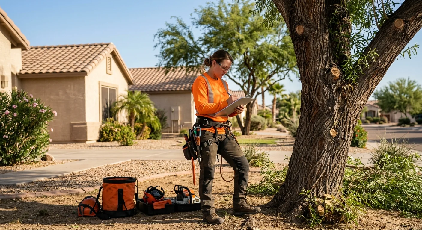 Arborist assessing a tree and writing an estimate in an Avondale yard