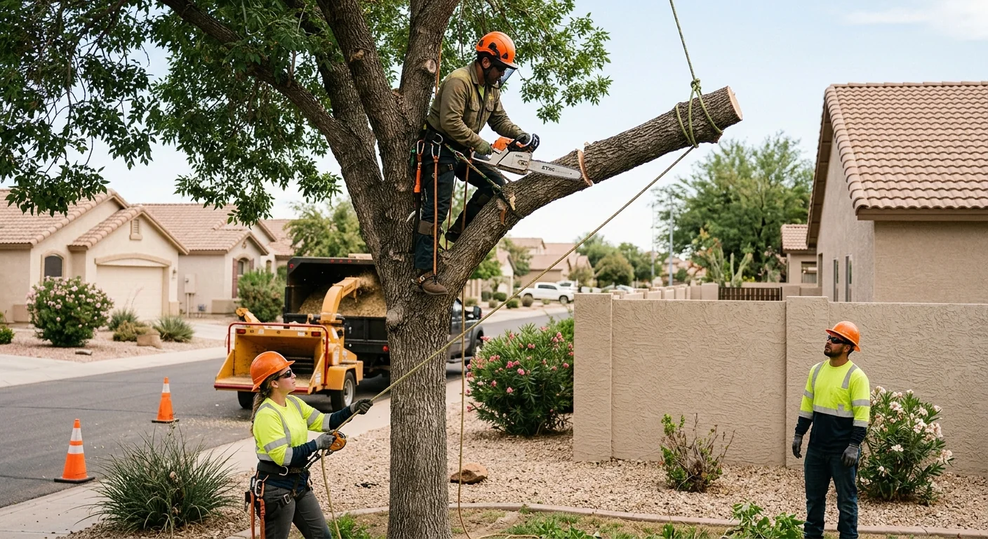 Workers performing controlled tree removal with lowering lines