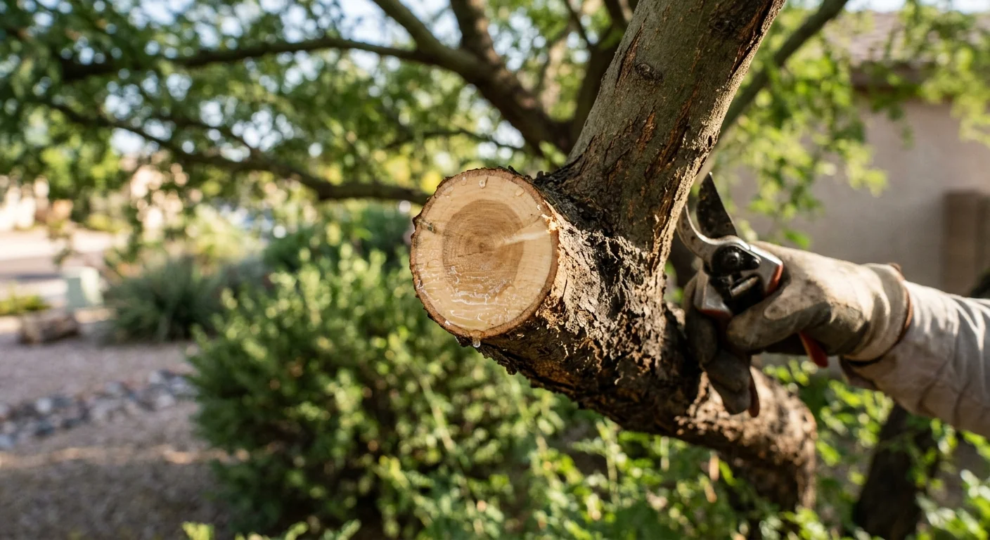 Close-up of a clean pruning cut sealing on a mature desert tree
