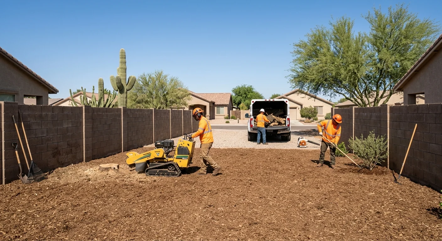 Wide shot of a cleared residential backyard after full tree removal