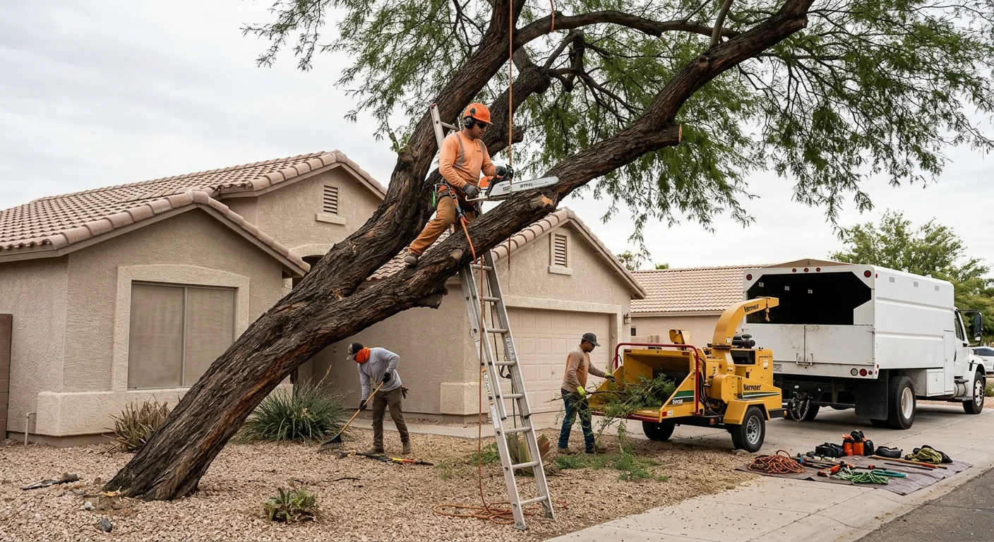 Overgrown tree leaning toward a home before scheduled removal