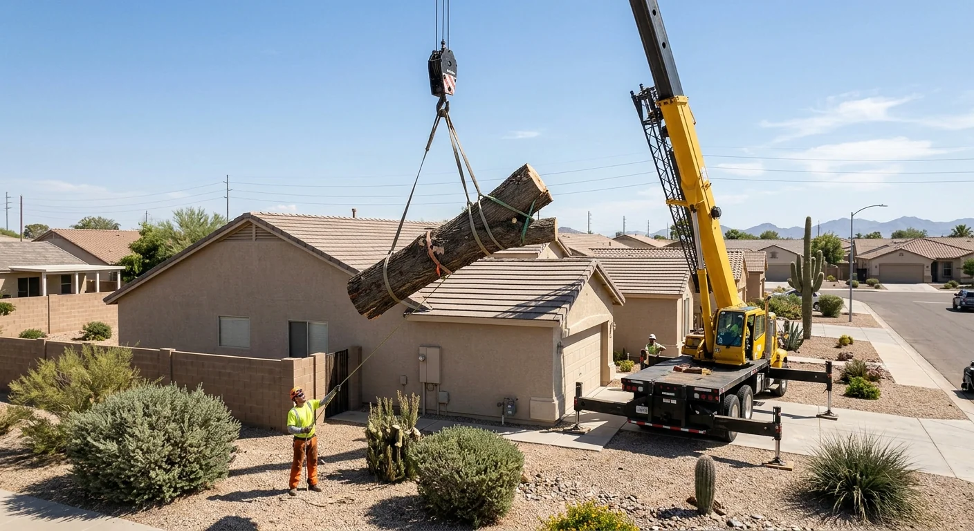 Crane lifting a heavy tree section over a rooftop on a tight lot