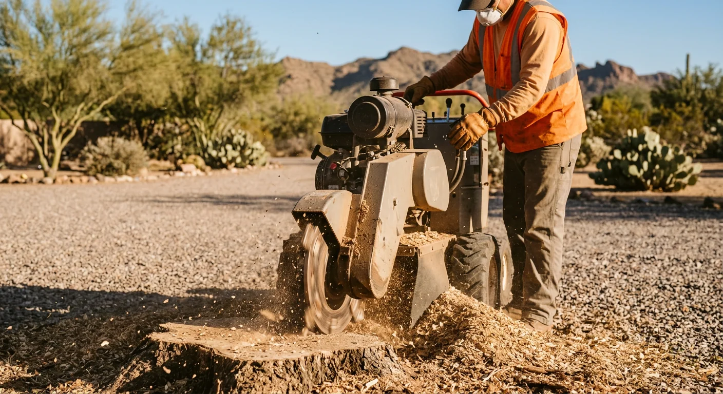 Stump grinder reducing a tree stump below grade in a front yard
