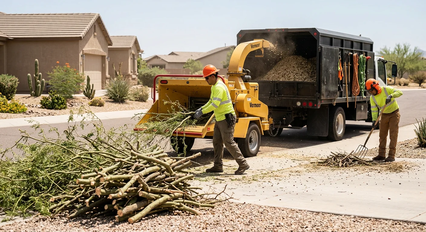 Storm-damaged branches stacked and chipped after monsoon cleanup