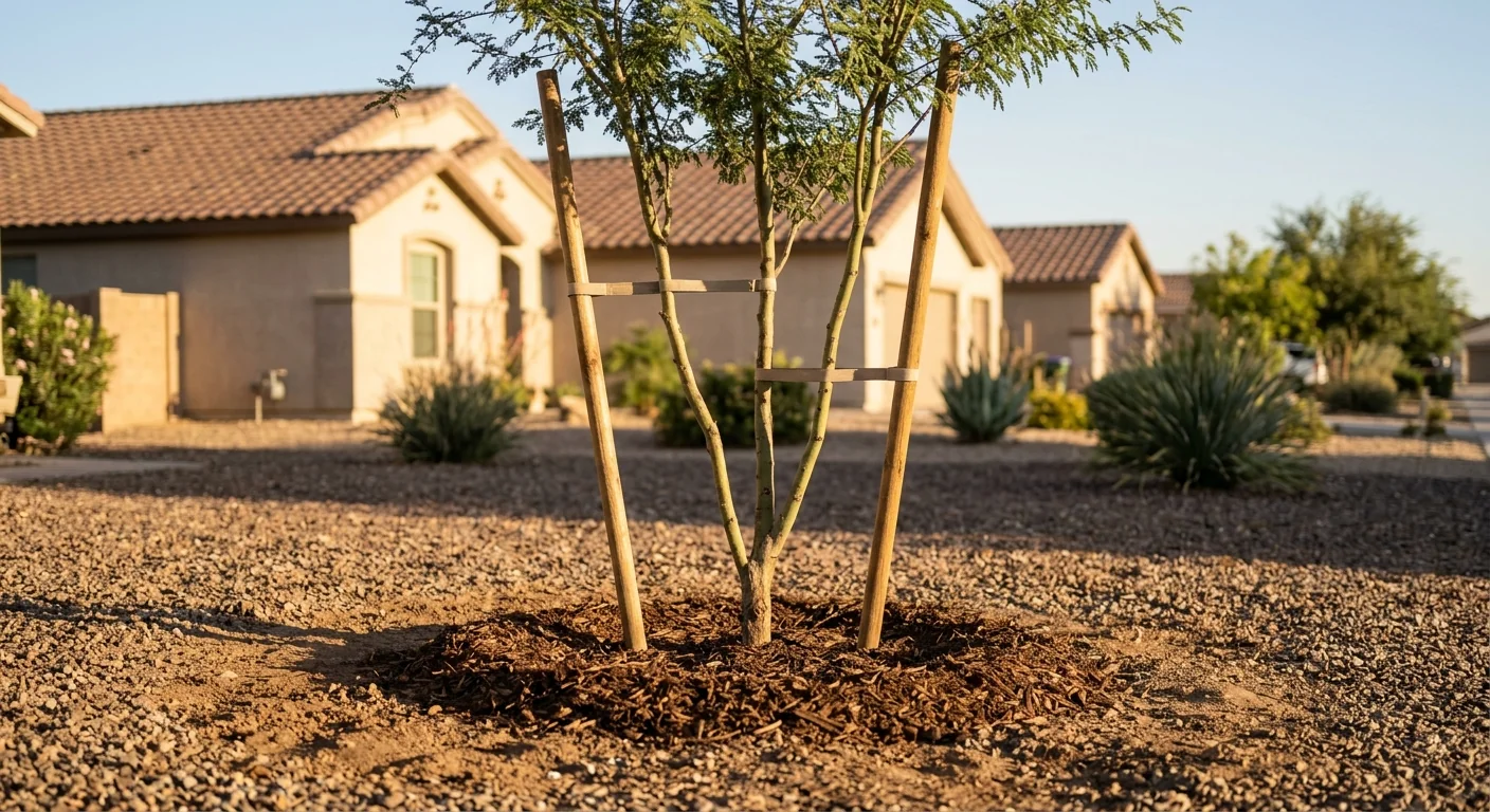 Newly planted shade tree staked and mulched in a desert yard