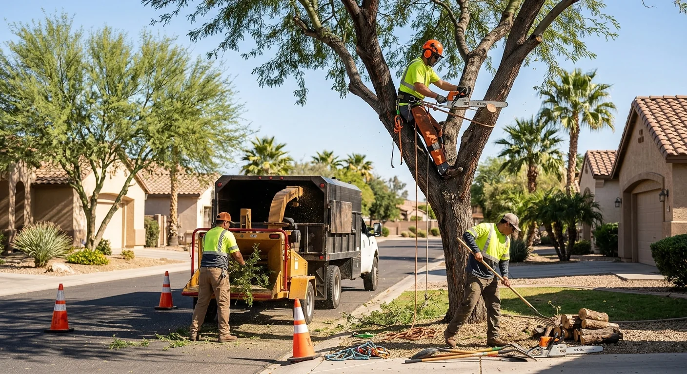 Tree service crew in safety gear inspecting rigging before an Avondale removal job