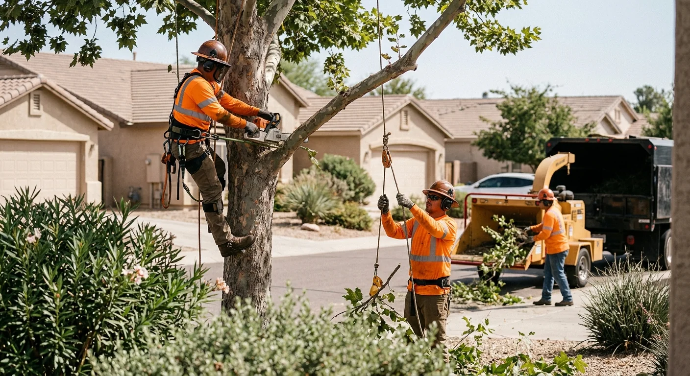 Tree service crew reviewing a pruning plan on an Avondale property