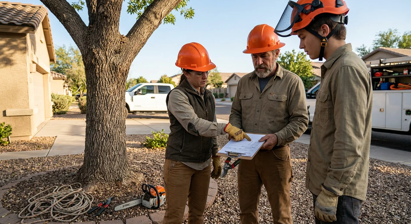 Crew reviewing trimming plan and estimate beside a mature Avondale tree