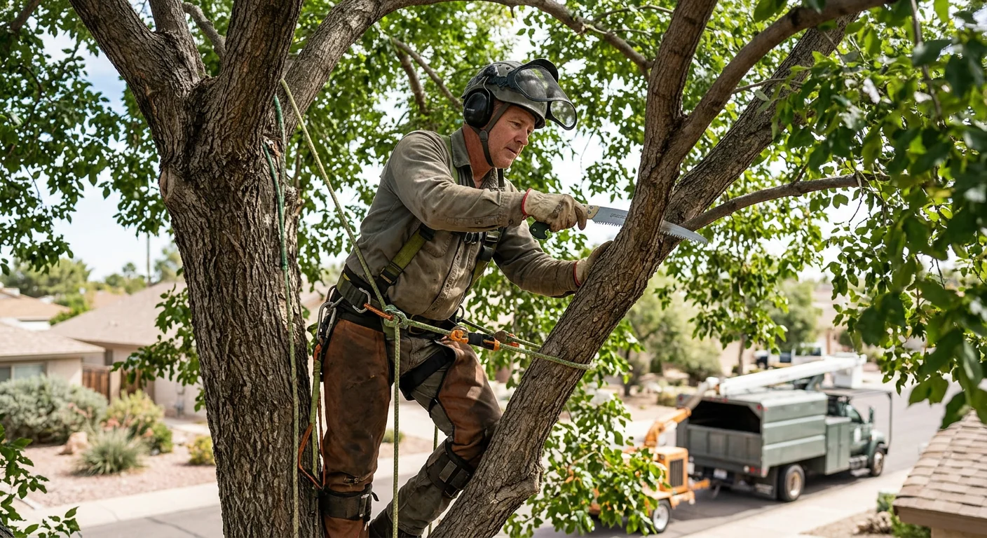 Arborist making a precise pruning cut on a mature shade tree canopy