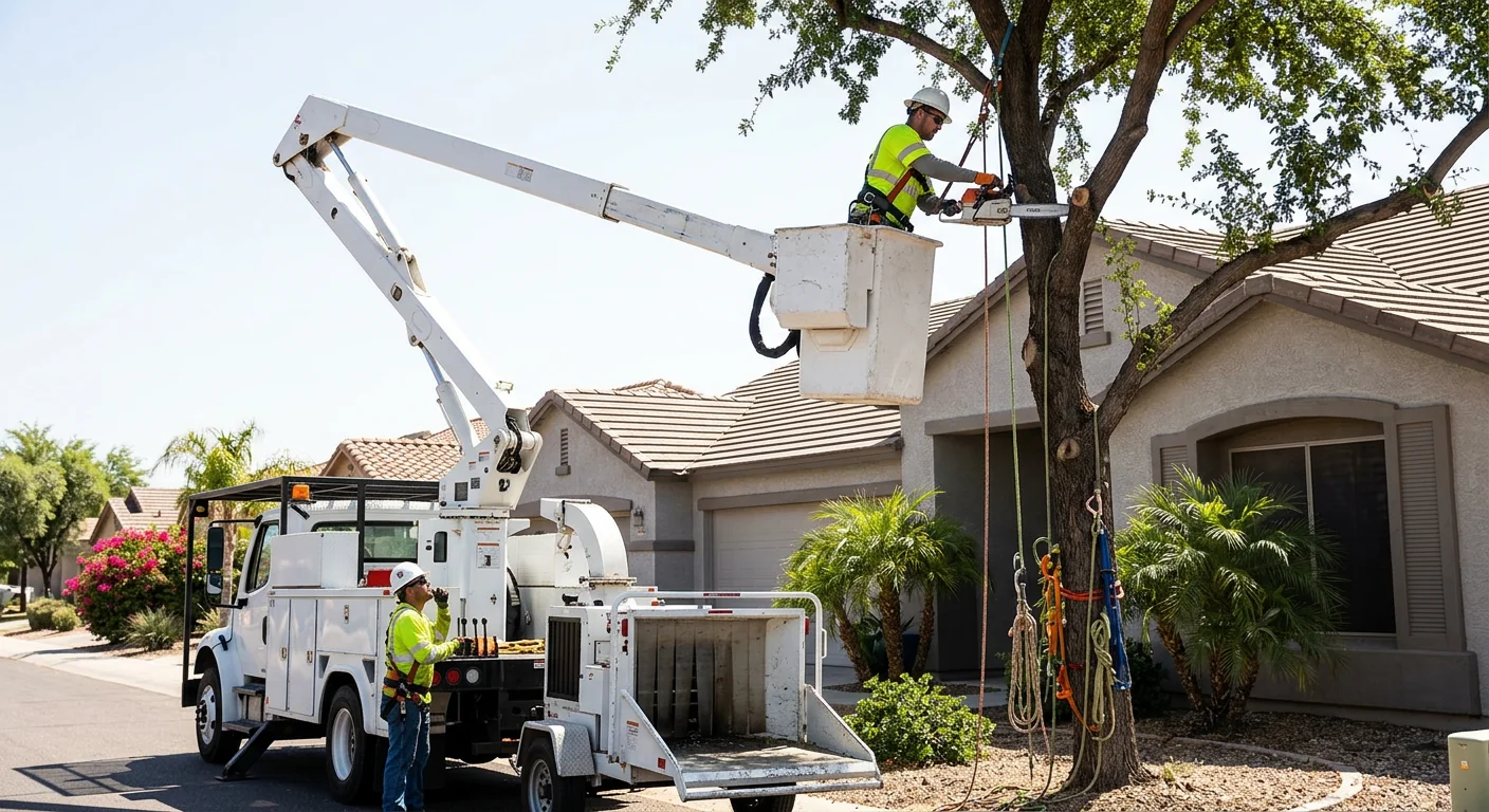 Bucket truck lifting a climber to reach high limbs near a rooftop